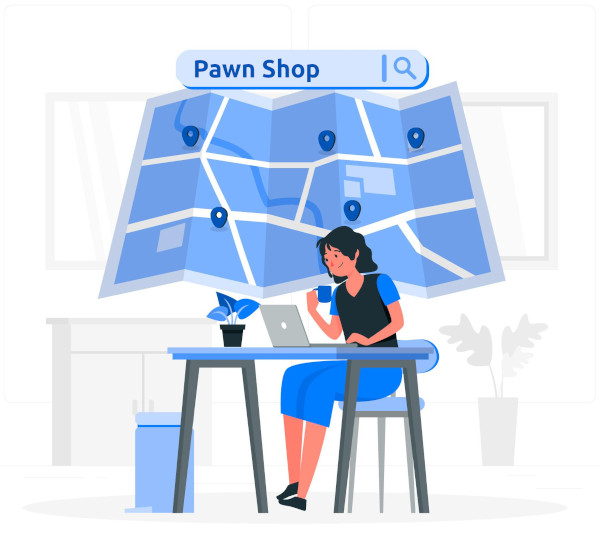 Illustrations showing person searching for pawn shop